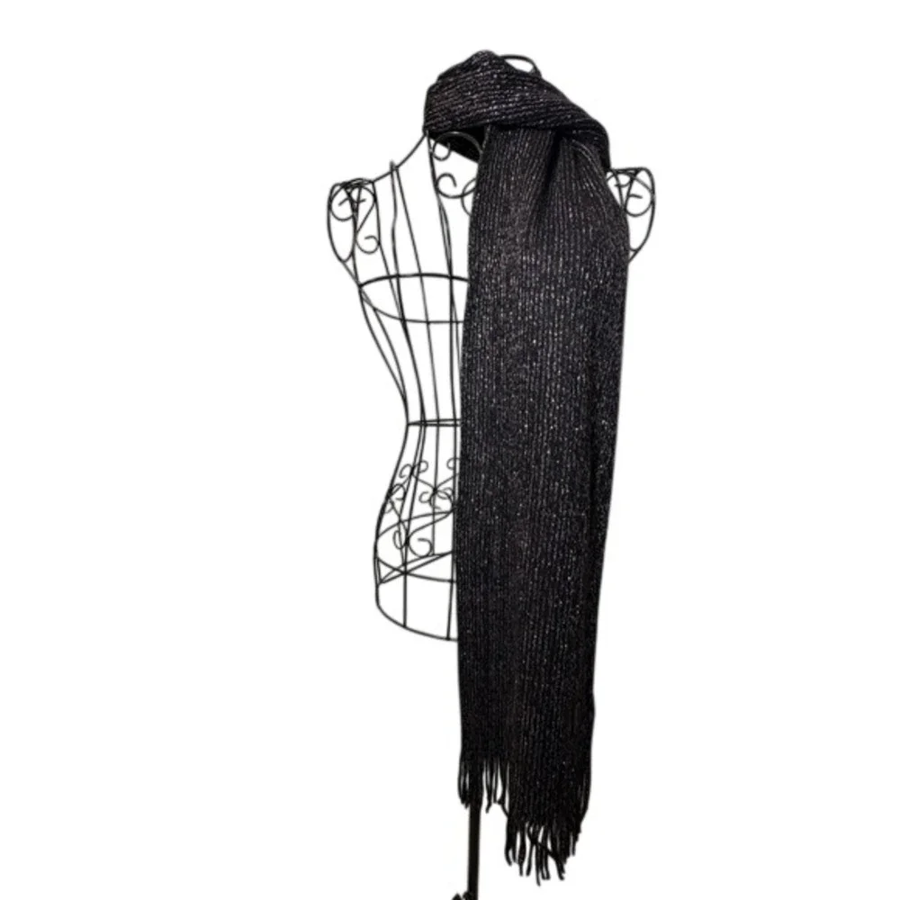 Black Metallic Silver Shimmer Knit Fringe Scarf -‎ One Size